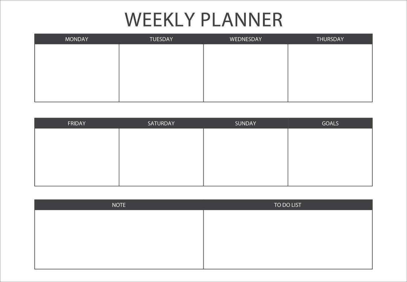 Clear and simple printable Weekly Planner, Minimalist Vector Weekly planner template. Weekly Schedule, Weekly Agenda, Weekly Overview, Weekly Organizer. Business organizer page vector illustration