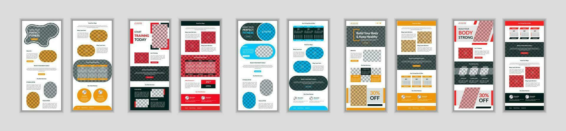 Gym and fitness email newsletter template or minimal fitness Ui template and business standee fitness gym roll up banner design, responsive fitness website design template. vector