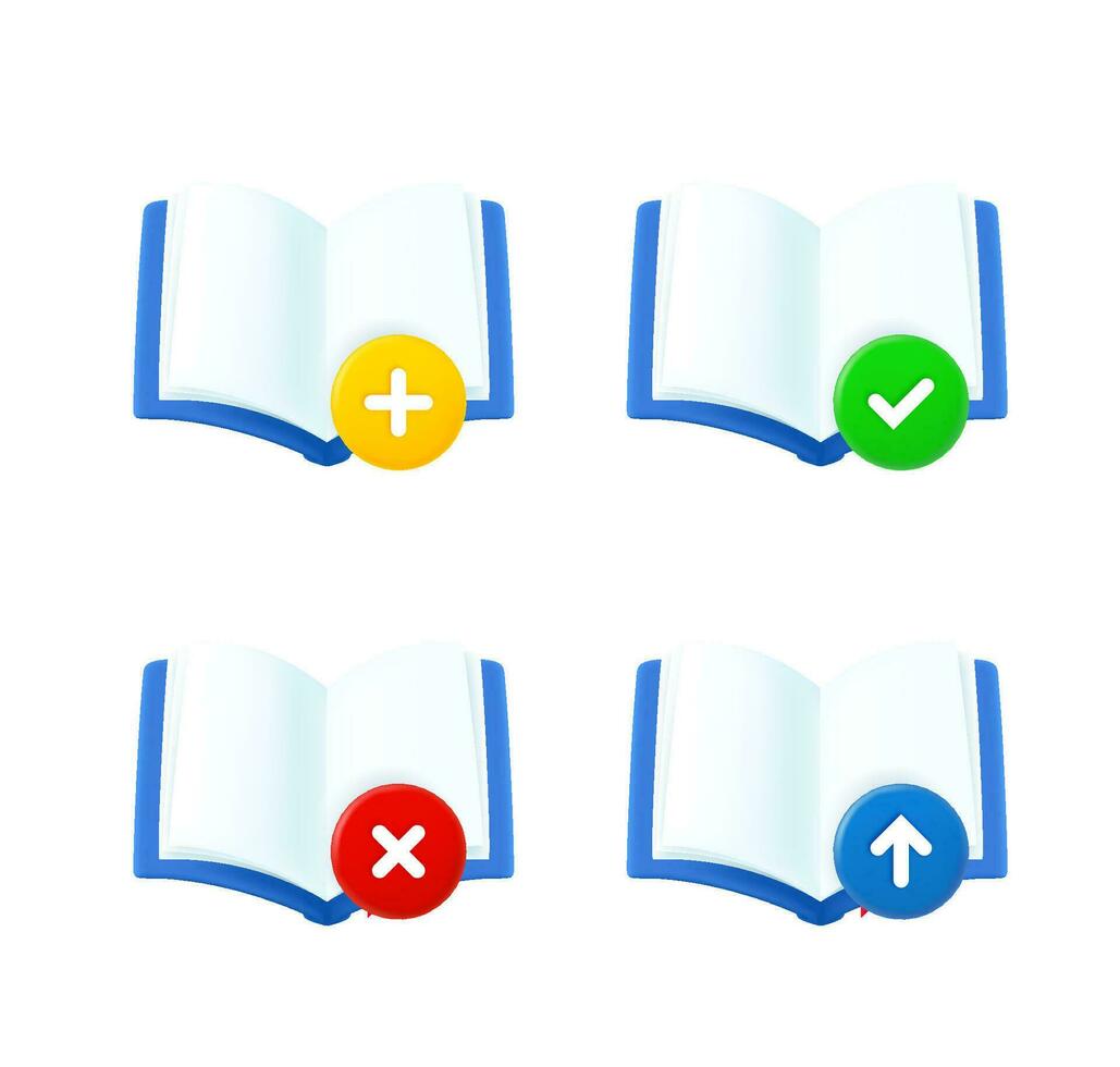 Open book set with different pictograms. 3d vector icons set