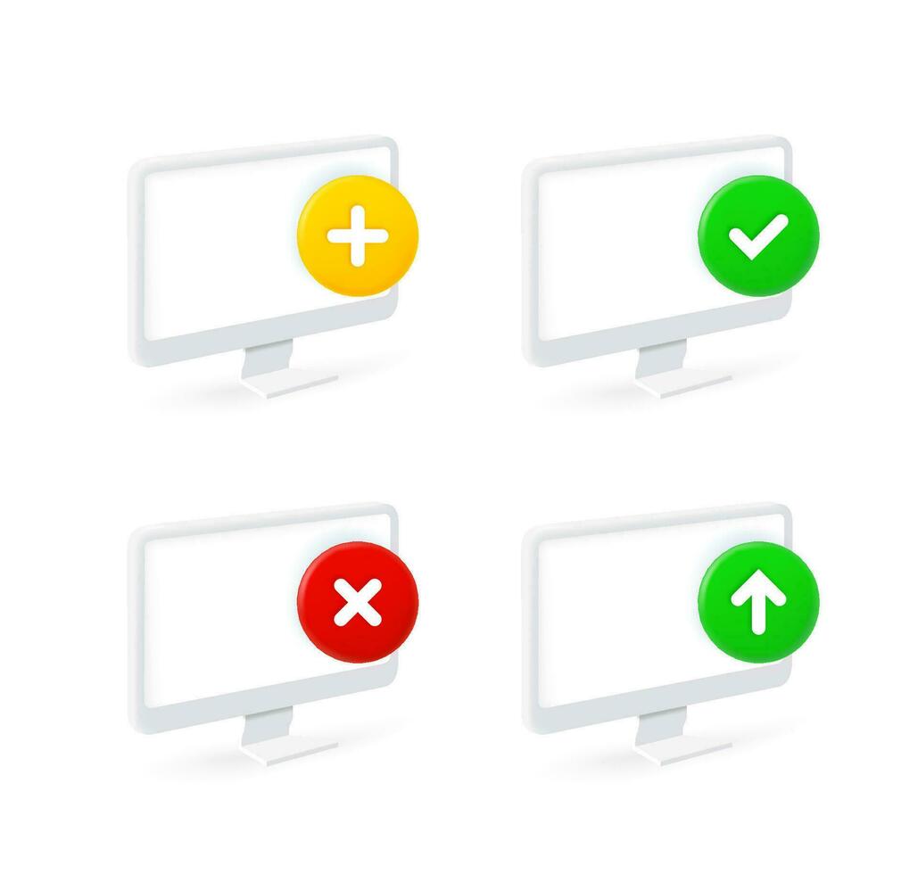 Desktop computer icons set with different pictograms. 3d vector icons set isolated on white background