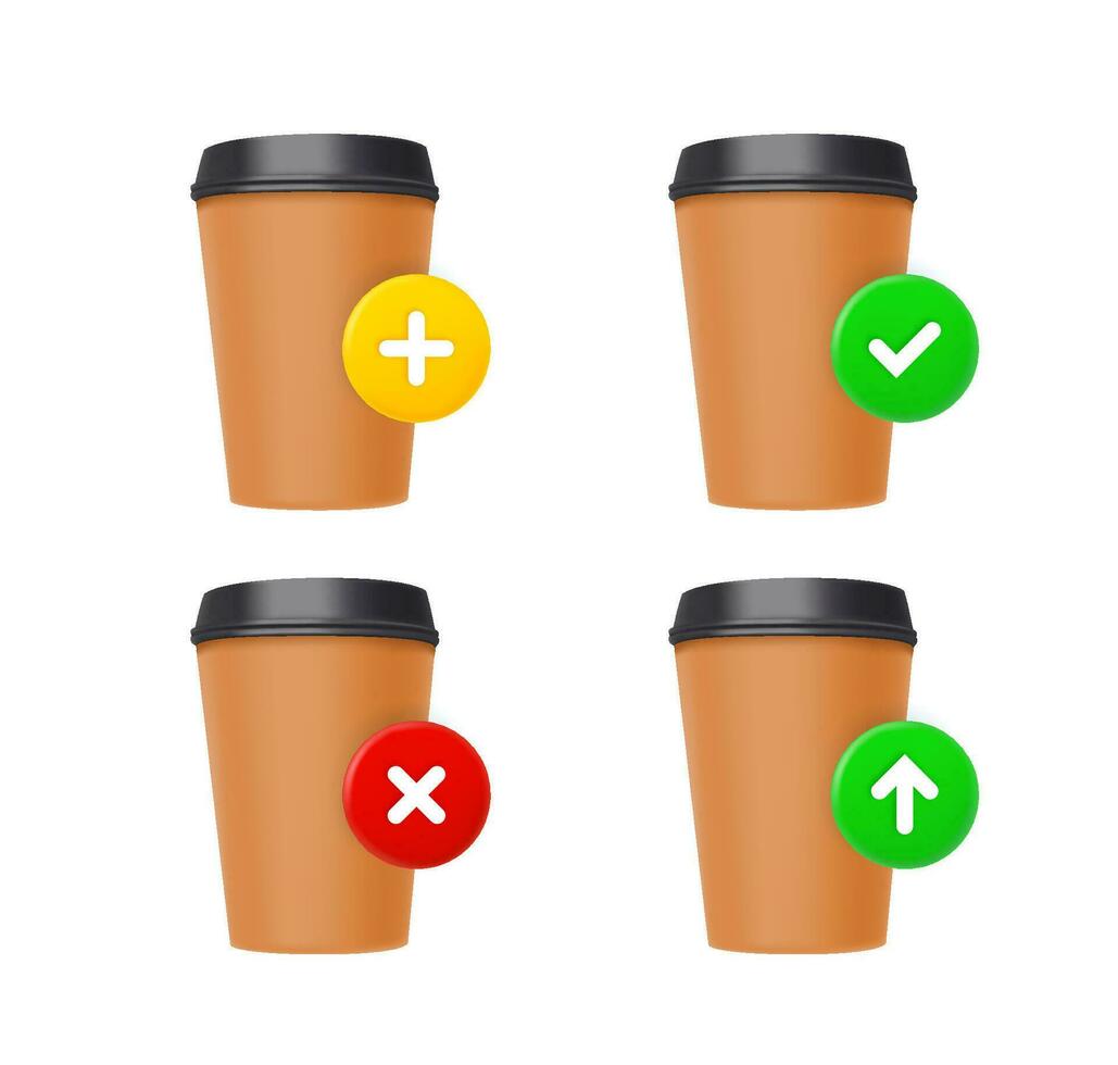 Coffee cup icons set with different pictograms. 3d vector icons set isolated on white background