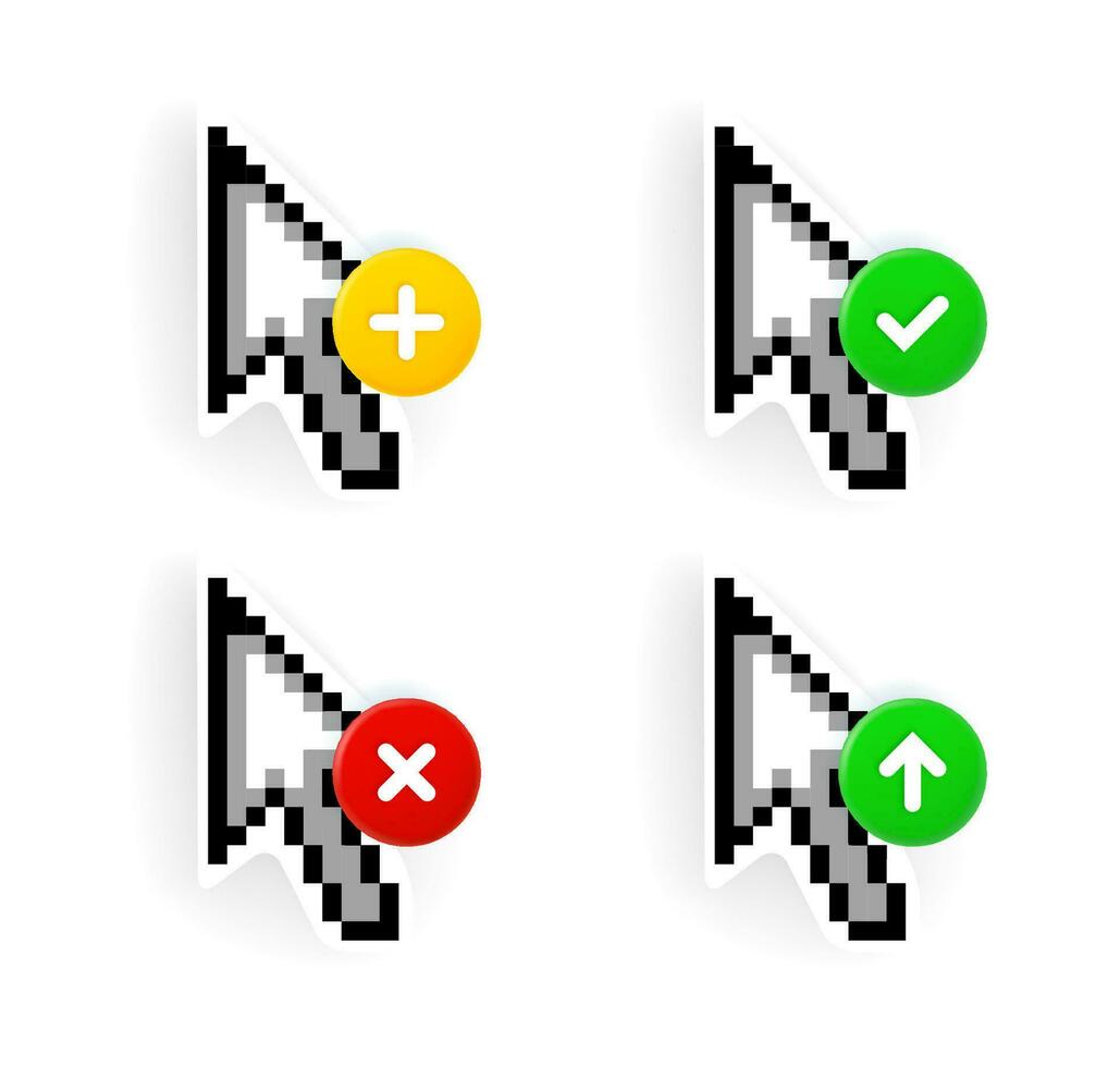 Computer cursor arrow icons set with different pictograms. 3d vector icons set