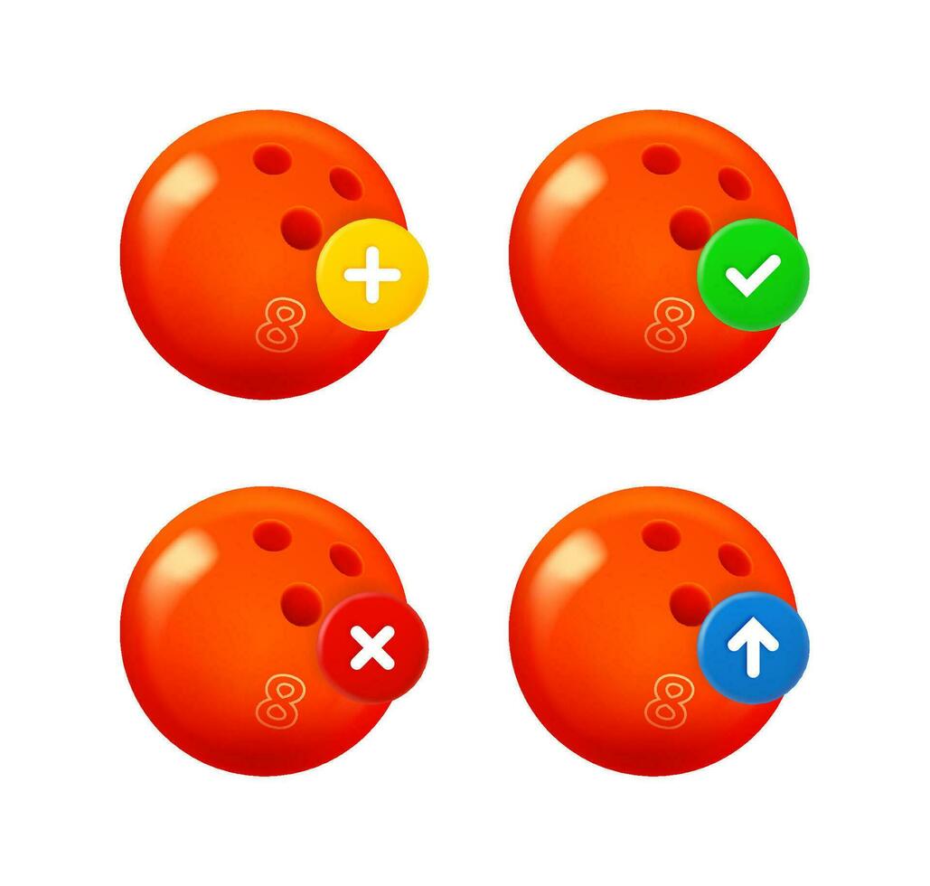 Bowling ball icon set with different pictograms. 3d vector icons set