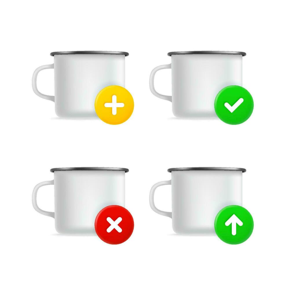 Metal mug icons set with different pictograms. 3d vector icons set isolated on white background