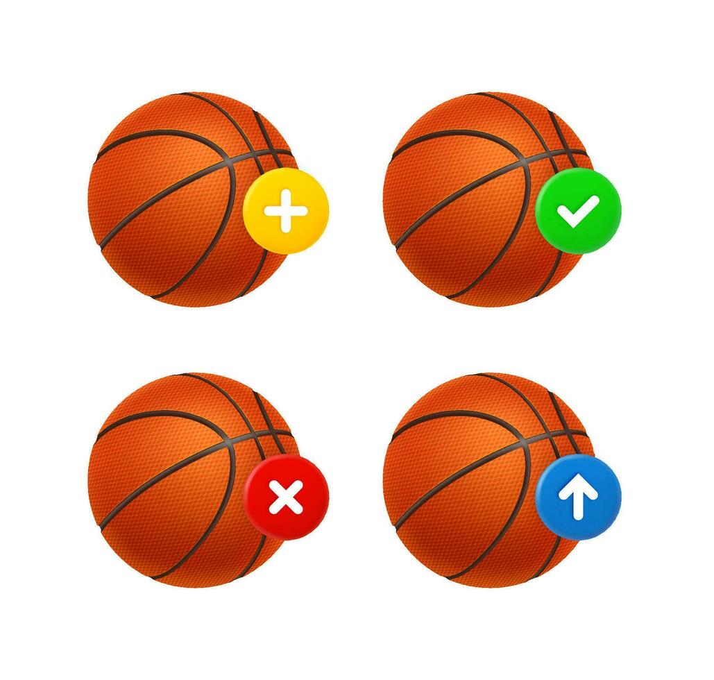 Basketball ball icon set with different pictograms. 3d vector icons set