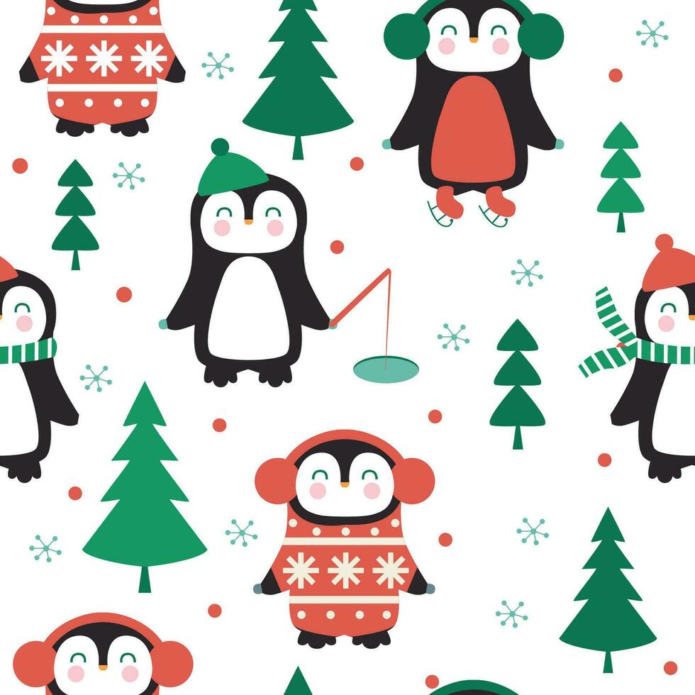 Seamless Christmas pattern with penguins snowflakes trees vector