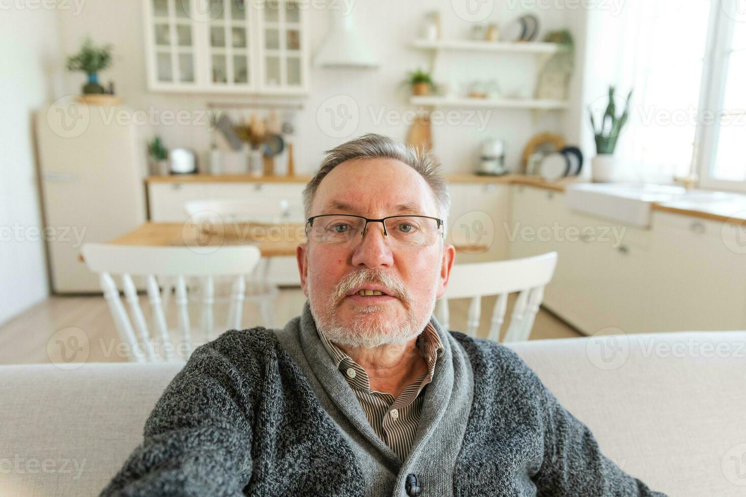 Happy middle aged senior man talk on video call with friends family. Laughing mature old senior grandfather having fun speaking with grown up children online. Headshot portrait selfie webcamera view. photo