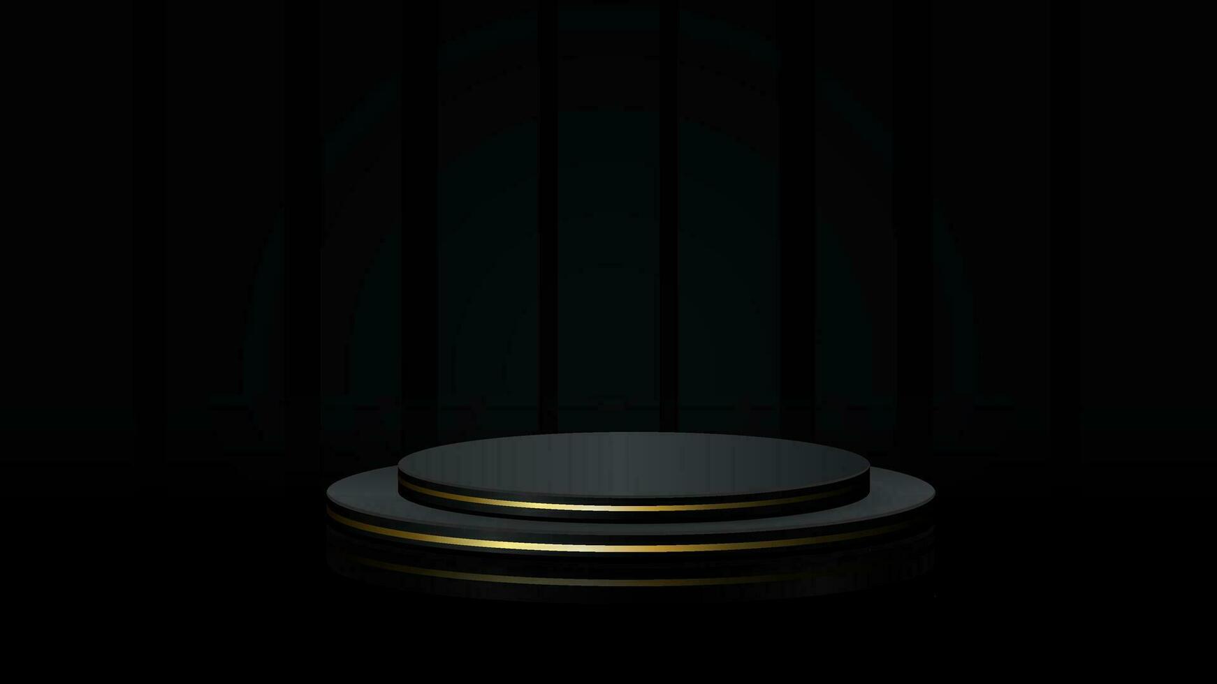 Black podium with golden rim on black background. Vector geometric forms.Stage for showcase, Product display.