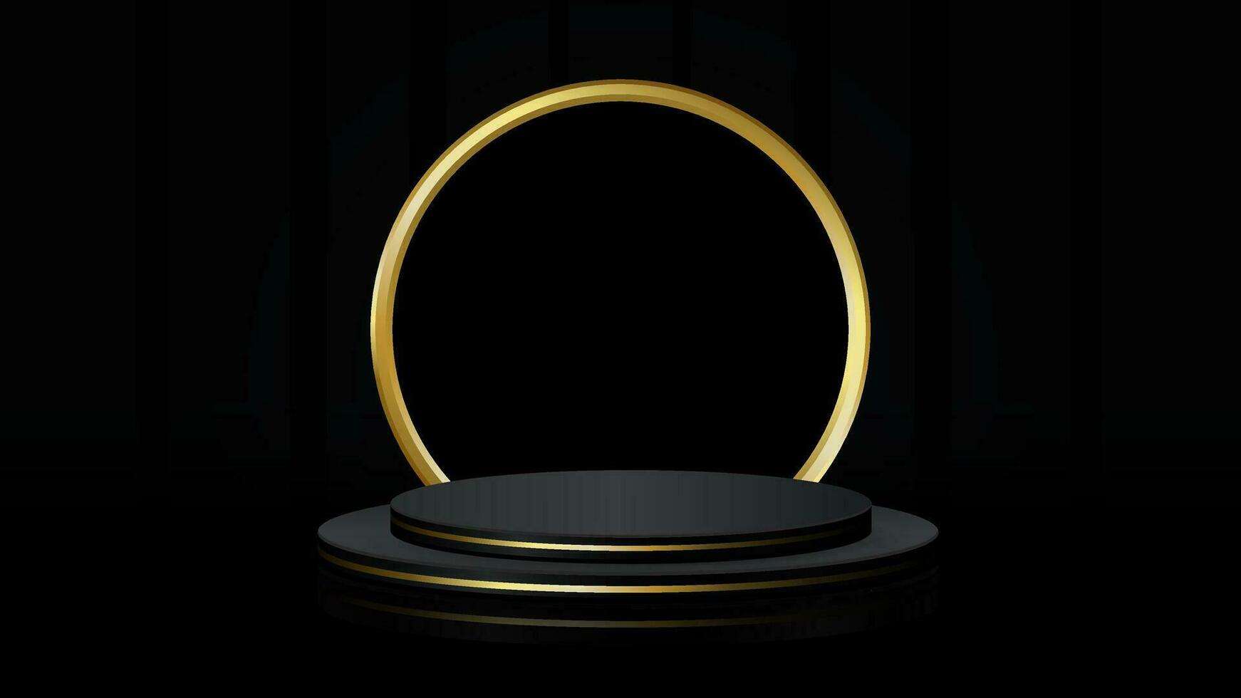 Abstract 3D black  stand podium golden ring backdrop. Dark minimal wall scene for product display presentation. Vector geometric.
