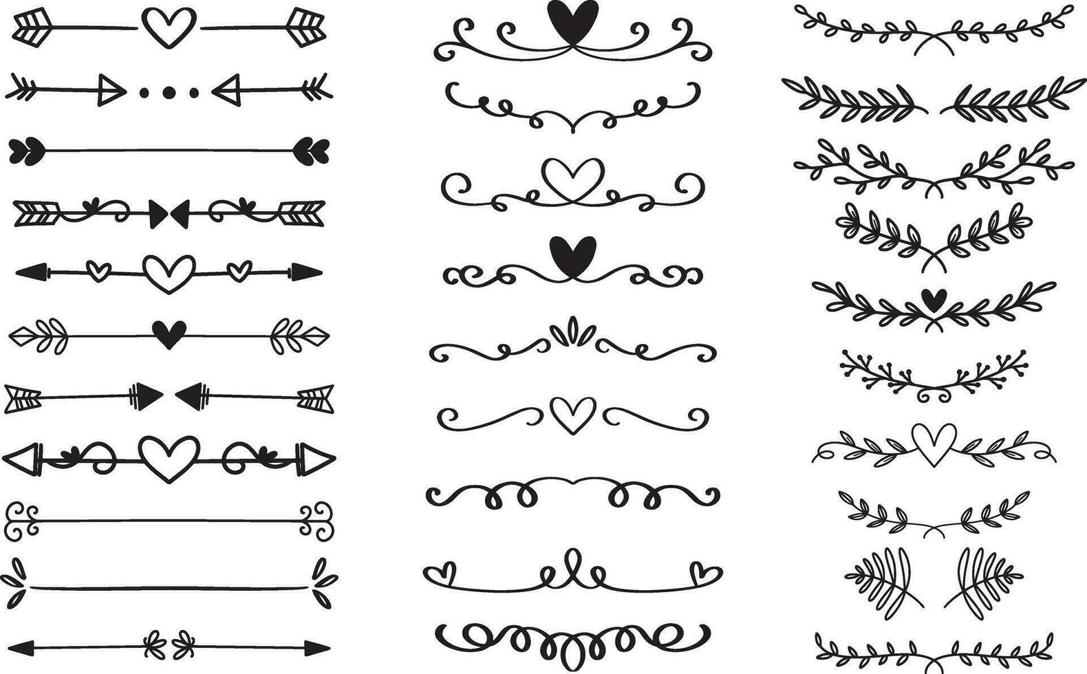 Hand drawn vector dividers, Hearts divider, doodle botanical decorative set