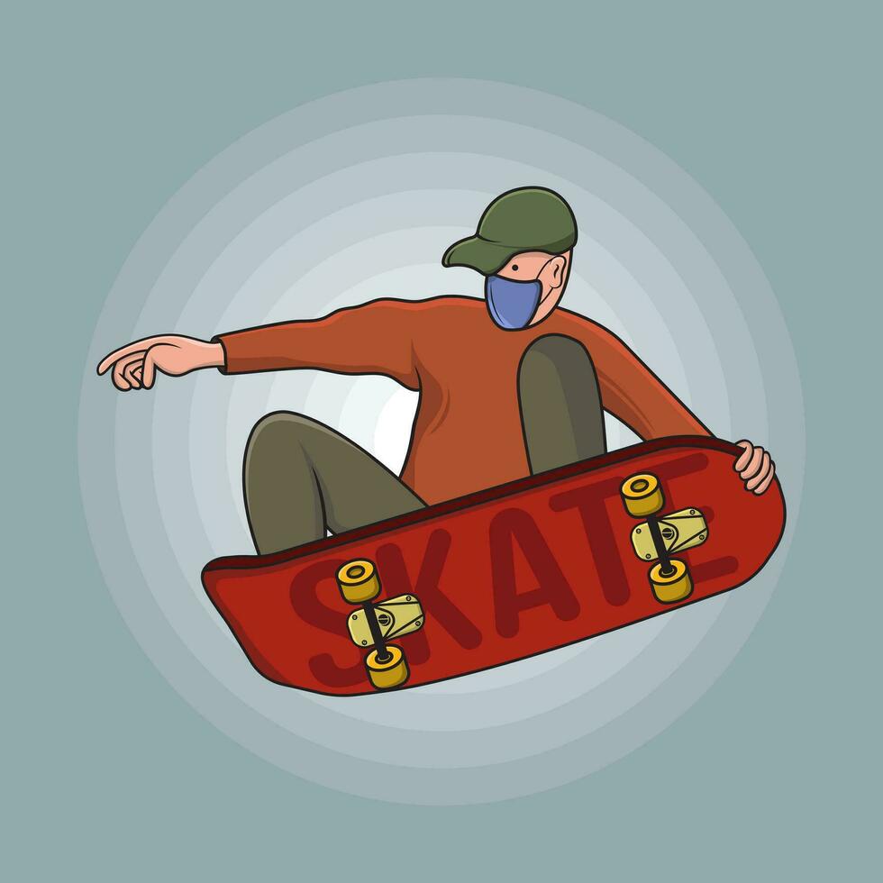 Action by skater doing jumping trick with skateboard. Vector illustration graphic