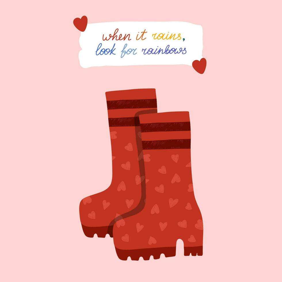 Cozy autumn postcard with calligraphic hand drawn lettering on piece of school sheet about rain, hygge illustration of rubber boots with massive sole and hearts. Hand drawn bright card. Vector design