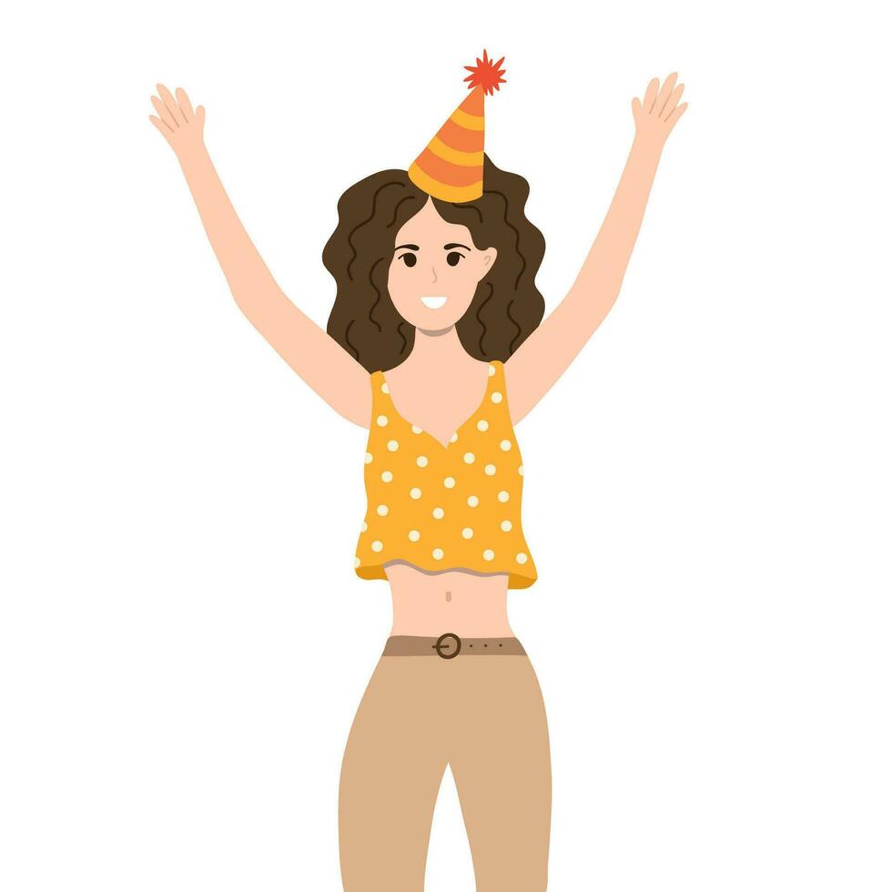 Young curly lady in trendy top and party hat smiling and rising hand up. Concept of happy woman who has fun at the party. Female character showing positive gesture. Happiness emotions, language. vector