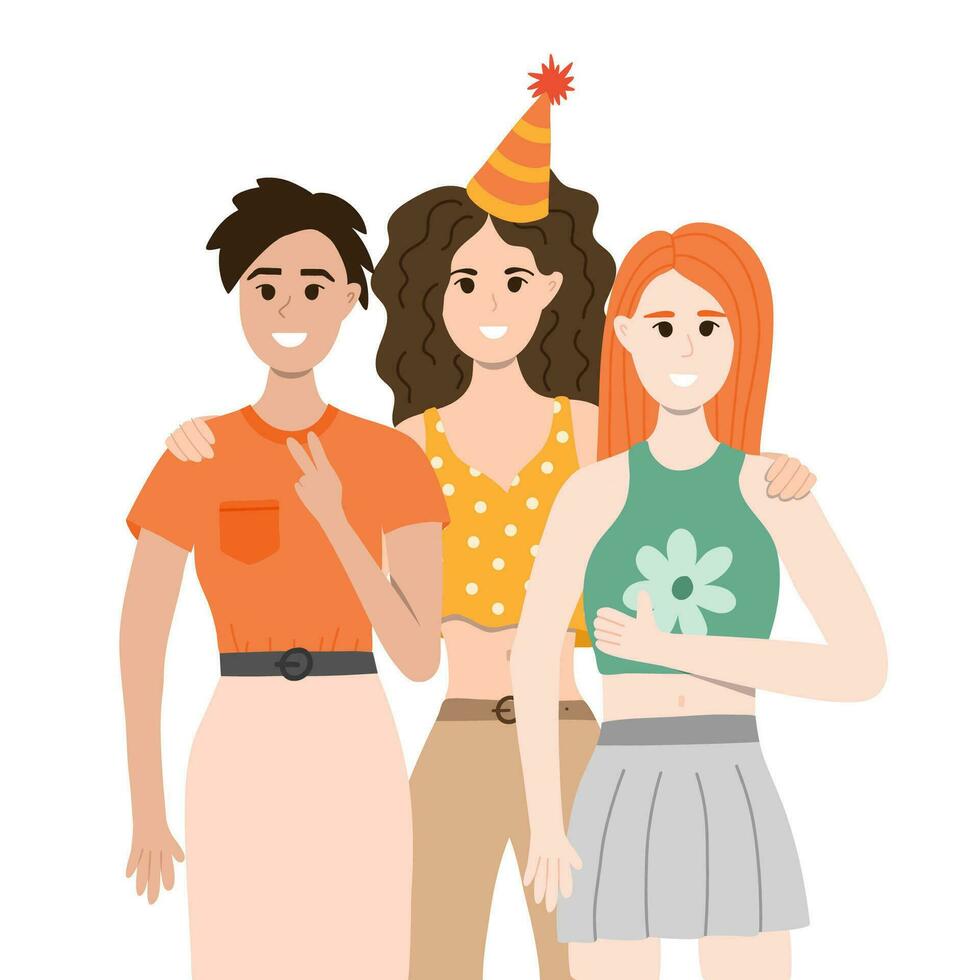 Three women at the party stand facing us, hugging, smiling and taking a picture. Happy people celebrating with party hats. Holiday celebration concept. Vector illustration having fun with friends.