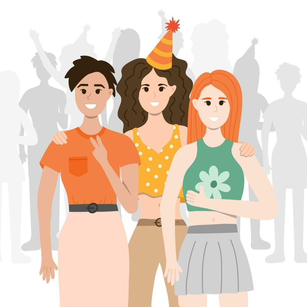 Tres mujer a el fiesta estar en frente de multitud, abrazando, sonriente, tomando un fotografía. contento personas celebrando con fiesta sombreros. fiesta celebracion concepto. vector ilustración teniendo divertido con amigos