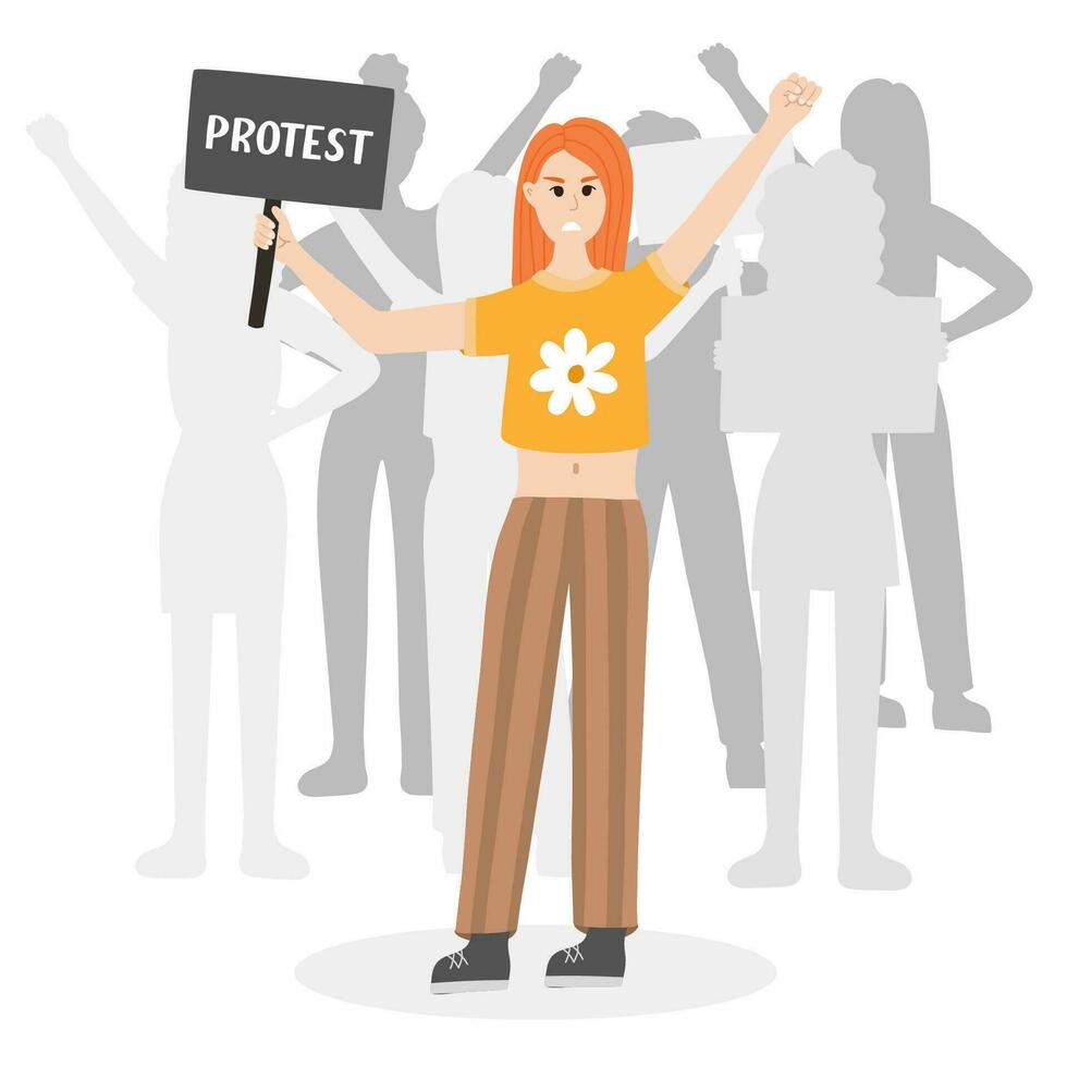 Crowd of protesters with angry girl holding a banner and raising fist up in front. Concept of protest, democracy, rights. Civil resistance. Hand drawn vector cartoon illustration. Female community