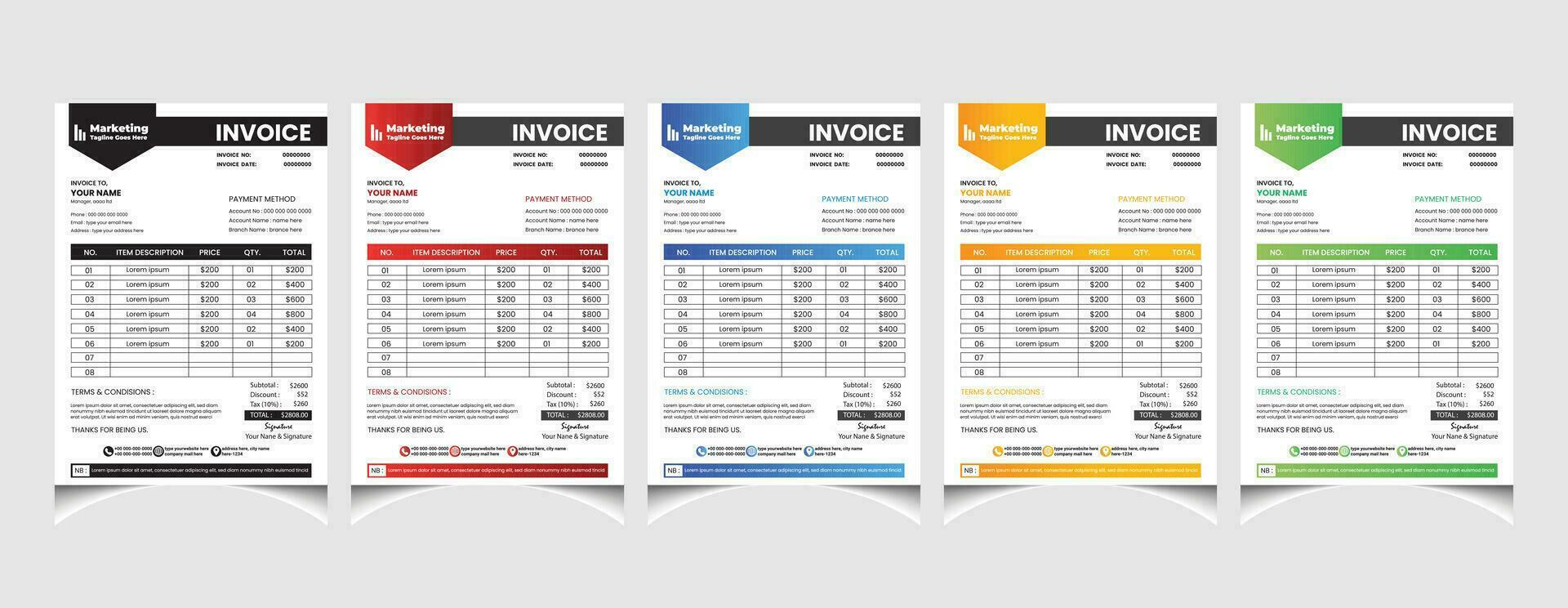 Creative corporate business colourful invoice template design with a4 size company invoice layout. vector