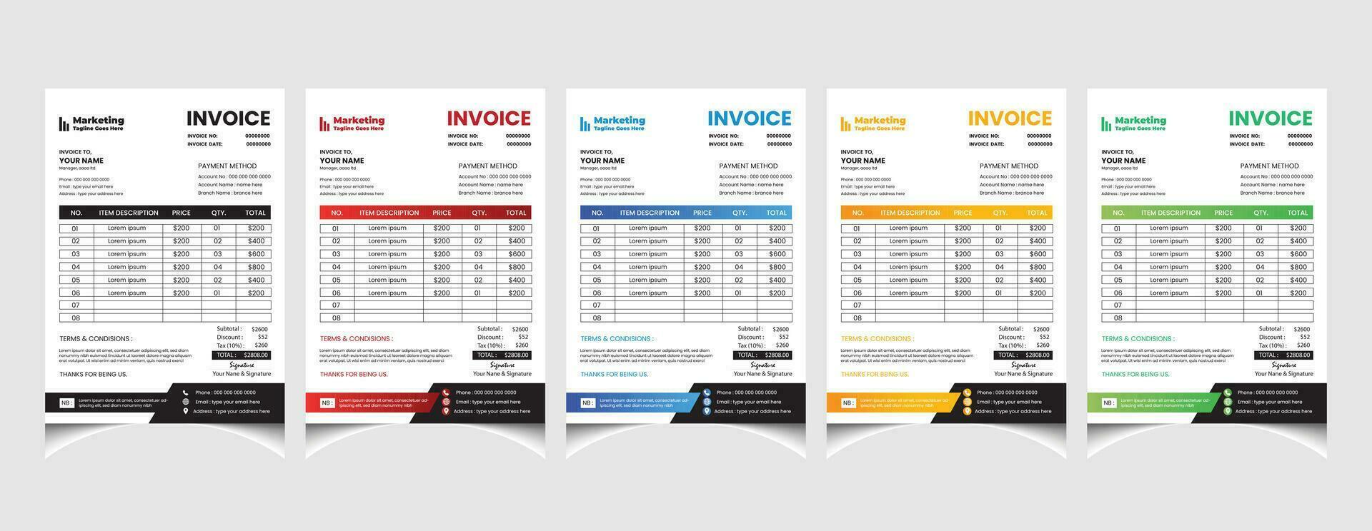 Creative corporate business colourful invoice template design with a4 size company invoice layout. vector