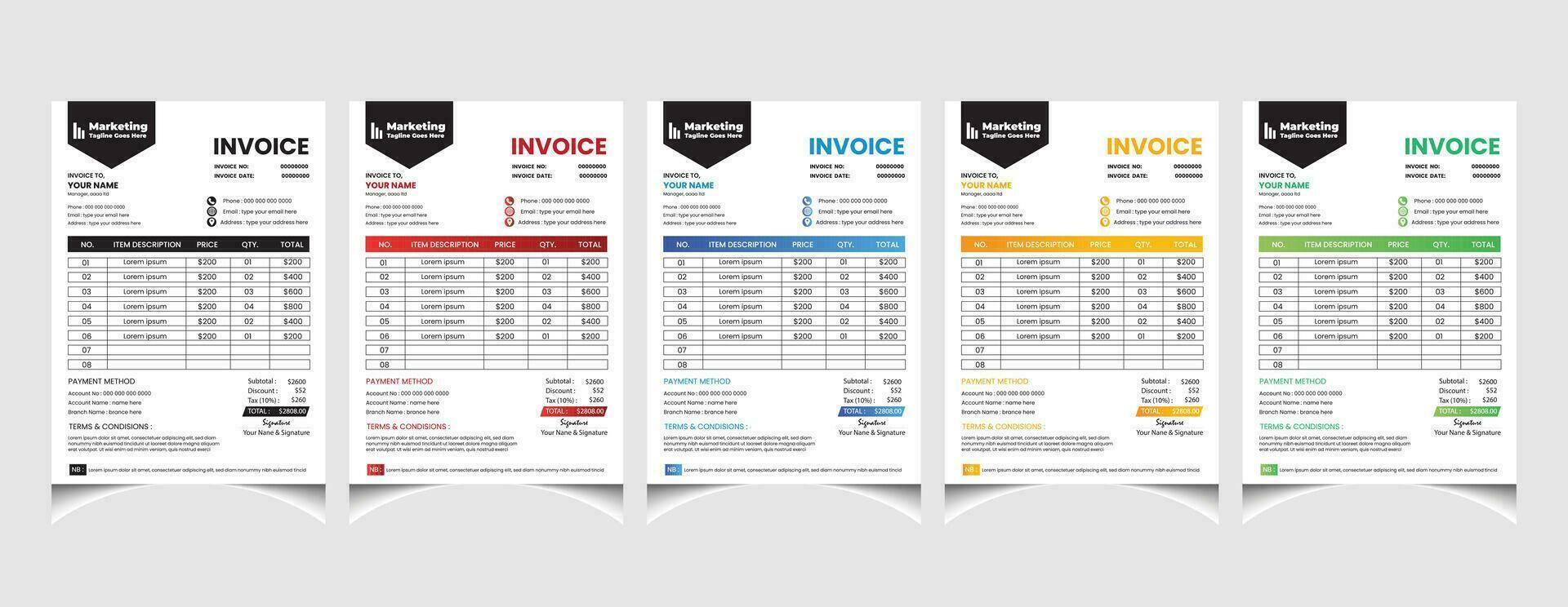 Creative corporate business colourful invoice template design with a4 size company invoice layout. vector