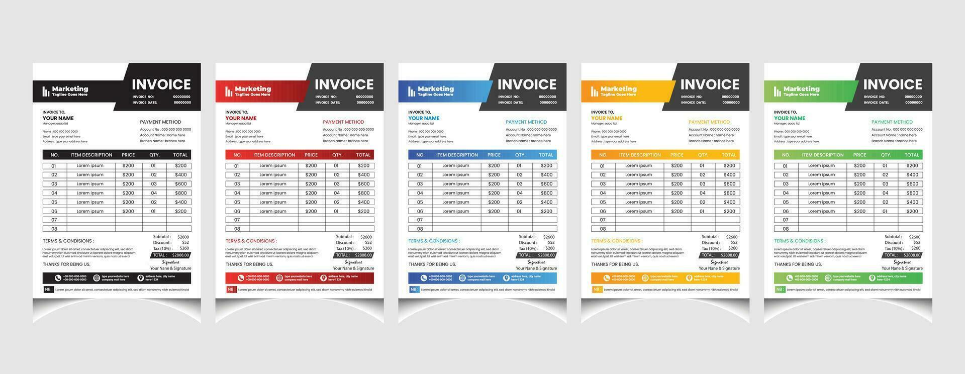 Creative corporate business colourful invoice template design with a4 size company invoice layout. vector