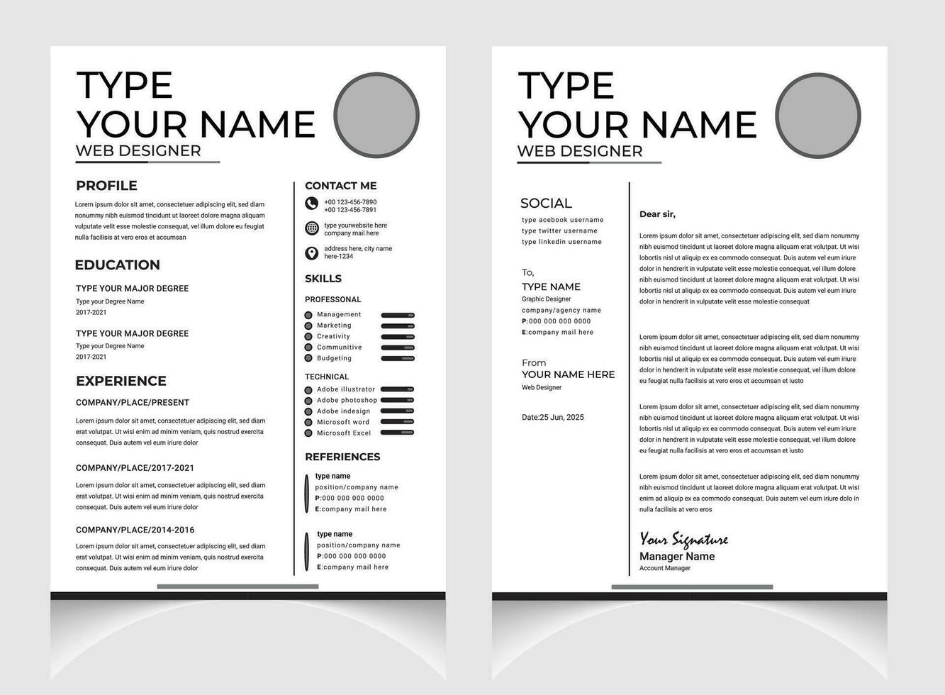 profesional CV o currículum modelo diseño con letra cubrir diseño. negro y blanco currículum diseño . vector