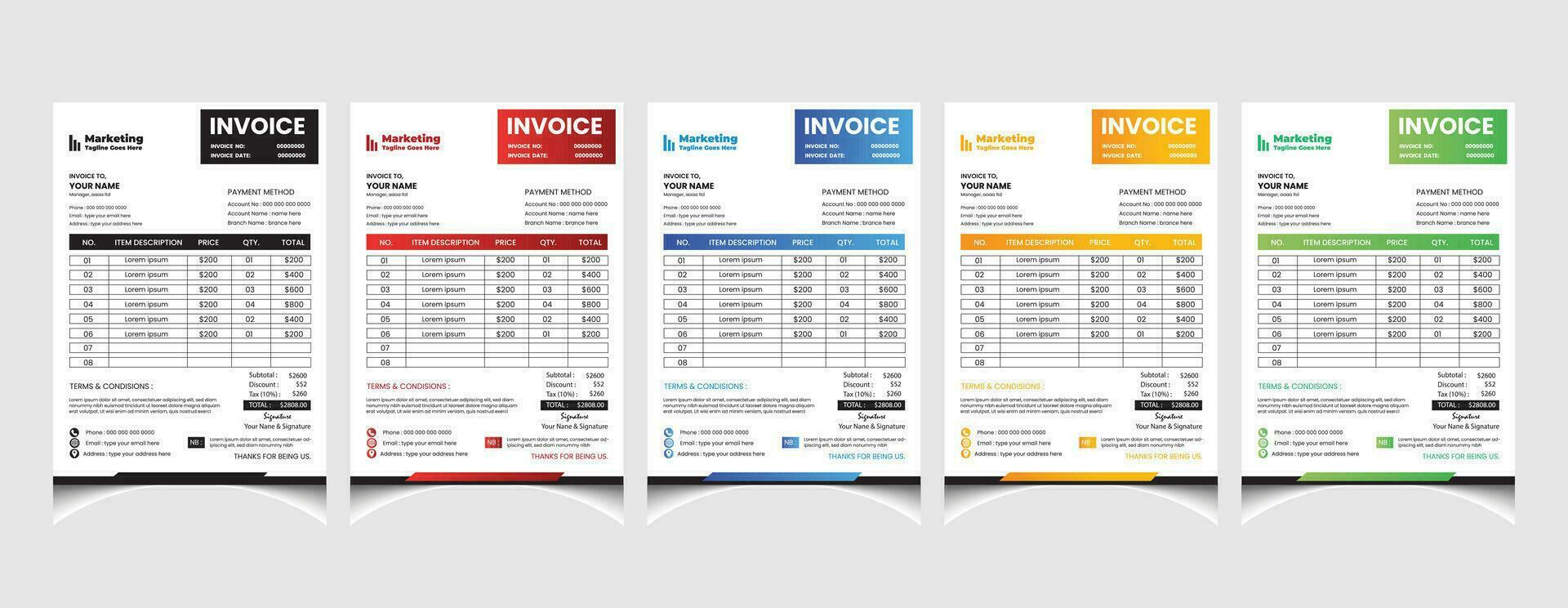 Creative corporate business colourful invoice template design with a4 size company invoice layout. vector