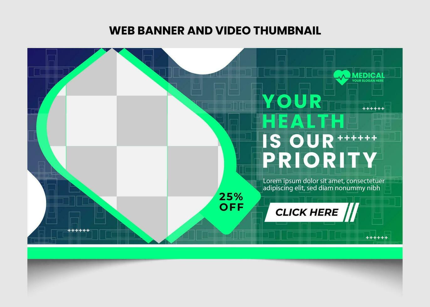 Healthcare or medical video thumbnail or web banner template design. vector