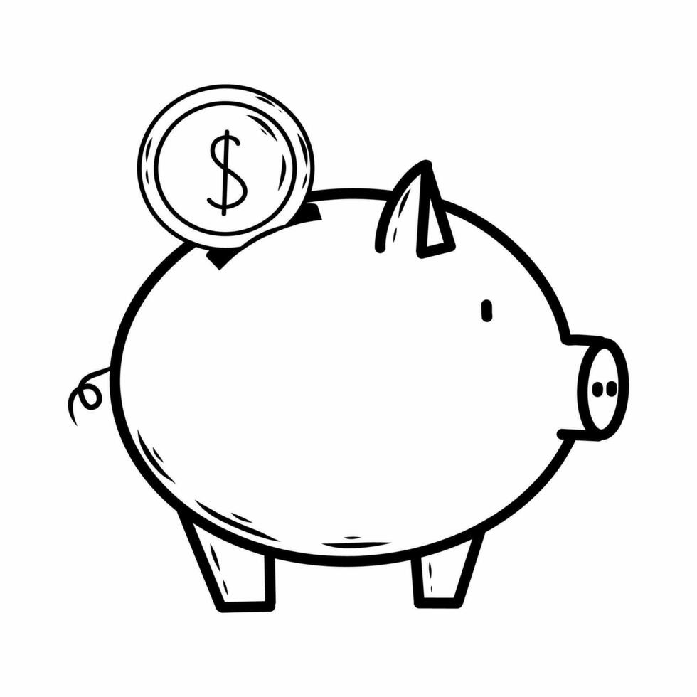 Coin and piggy bank. Vector doodle illustration. Business icon.