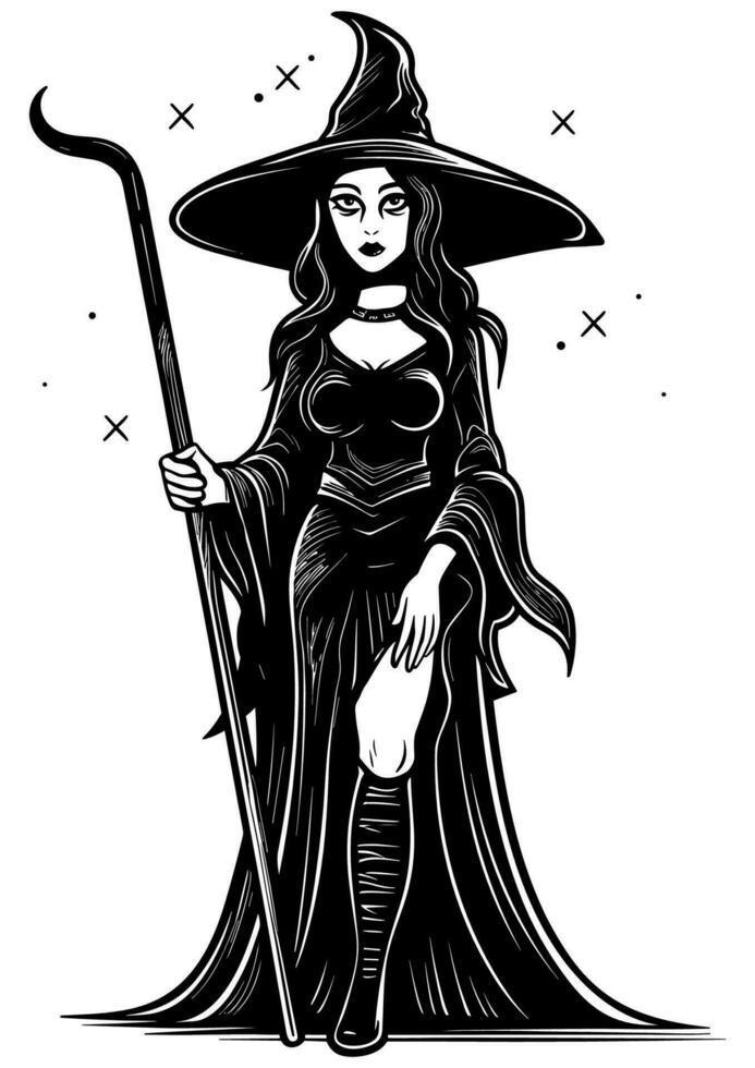 Witch Black and White Linocut vector