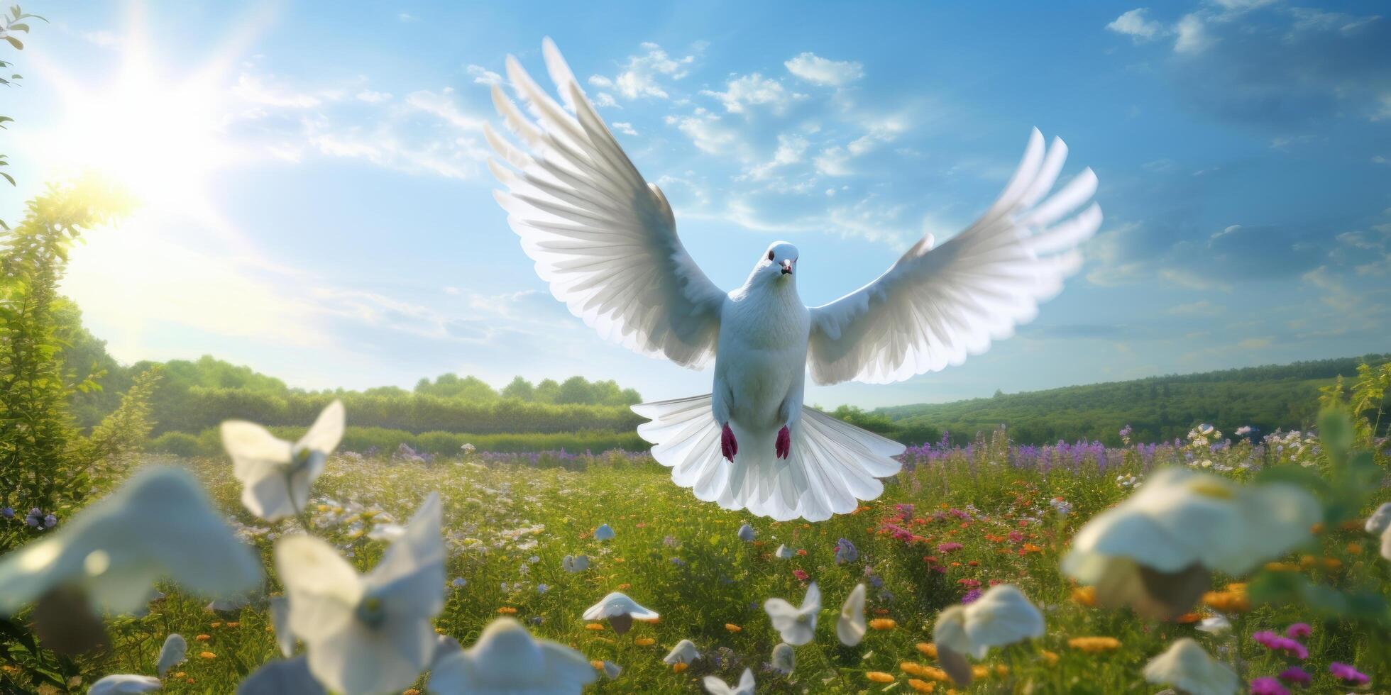 International Peace Day, White Dove Flying on Blue Sky Background, Bird of Peace Symbol. photo