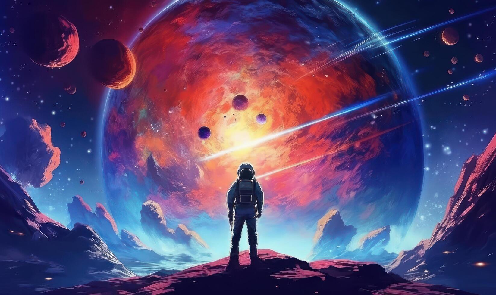 Human Space Exploration Background, Colorful Space Illustration. photo