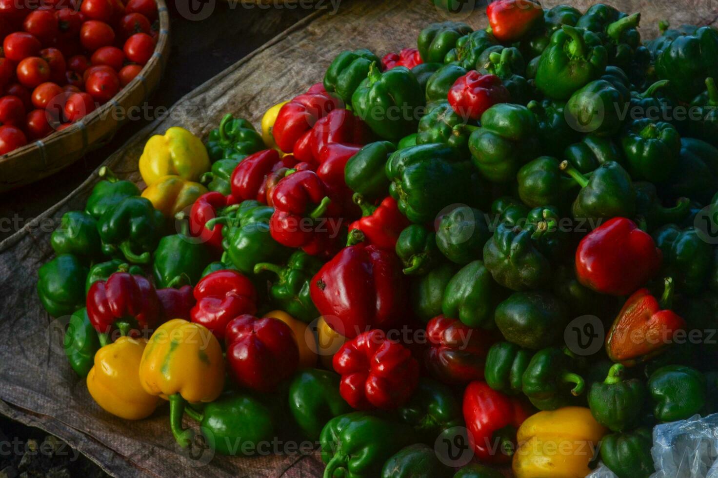 Colorful peppers for sale in the traditional market of Bandung Indonesia photo