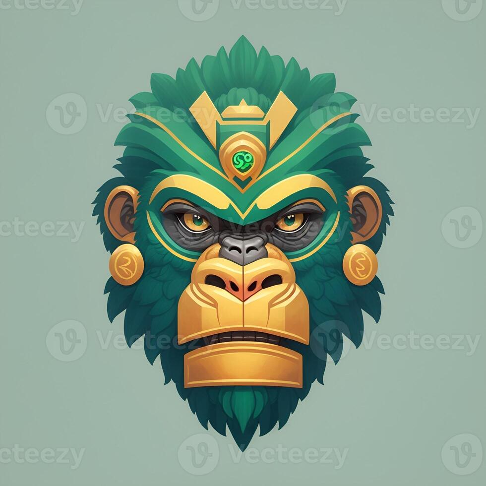 quetzalcoatl gorilla head, symmetrical, flat icon design. photo