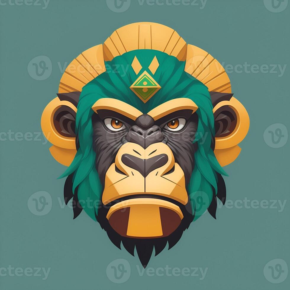 quetzalcoatl gorilla head, symmetrical, flat icon design. photo