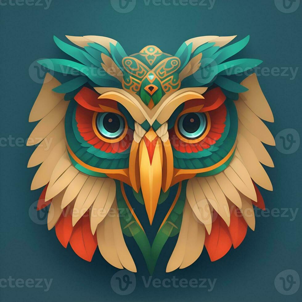 Owls quetzalcoatl head, symmetrical, flat icon design, AI generated photo