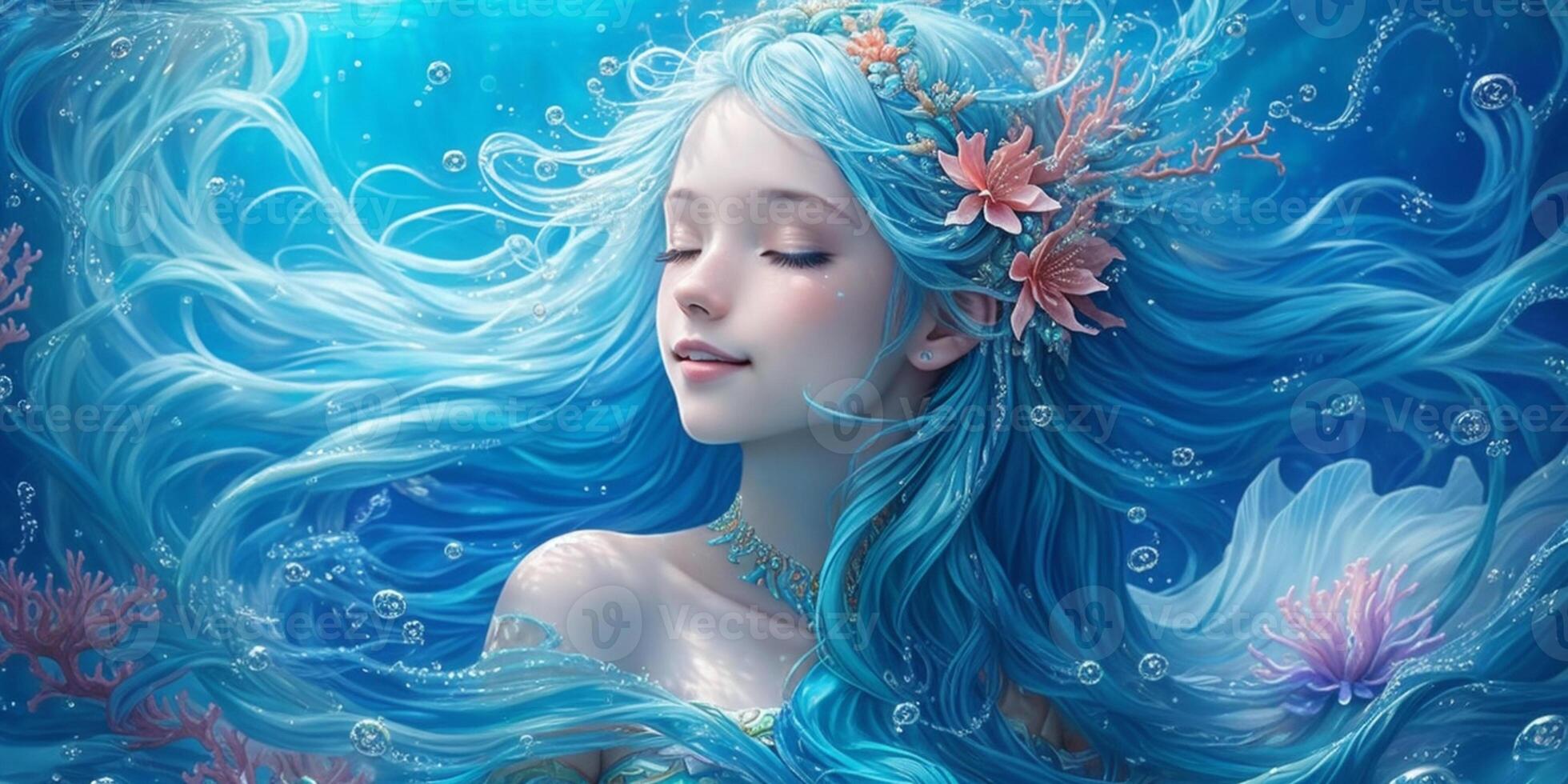 the blue aquarius mermaid in the deep ocean, incredibly beautiful, AI generated photo