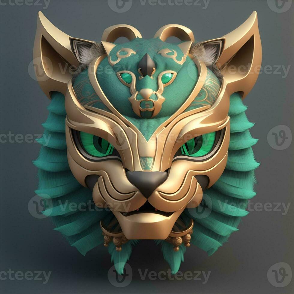 gato quetzalcoatl cabeza, simétrico, plano icono diseño, 3d hacer foto