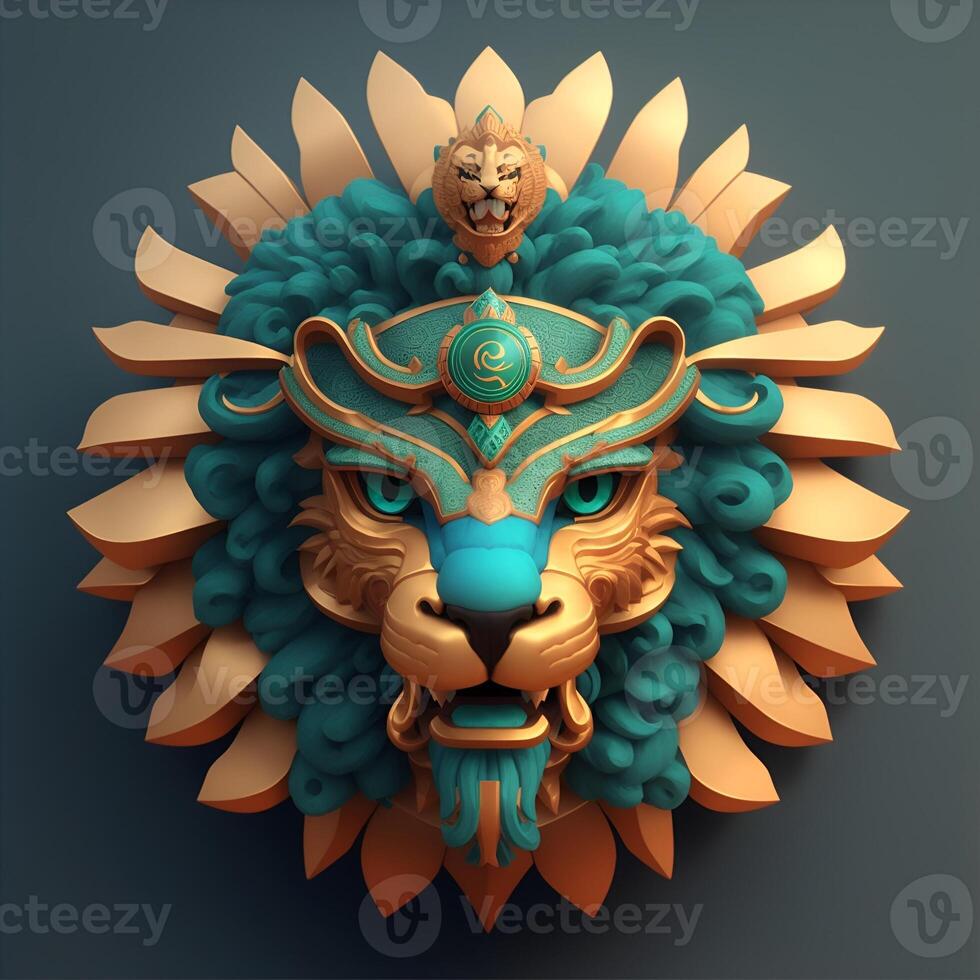 Lion quetzalcoatl head, symmetrical, flat icon design, 3D render. photo