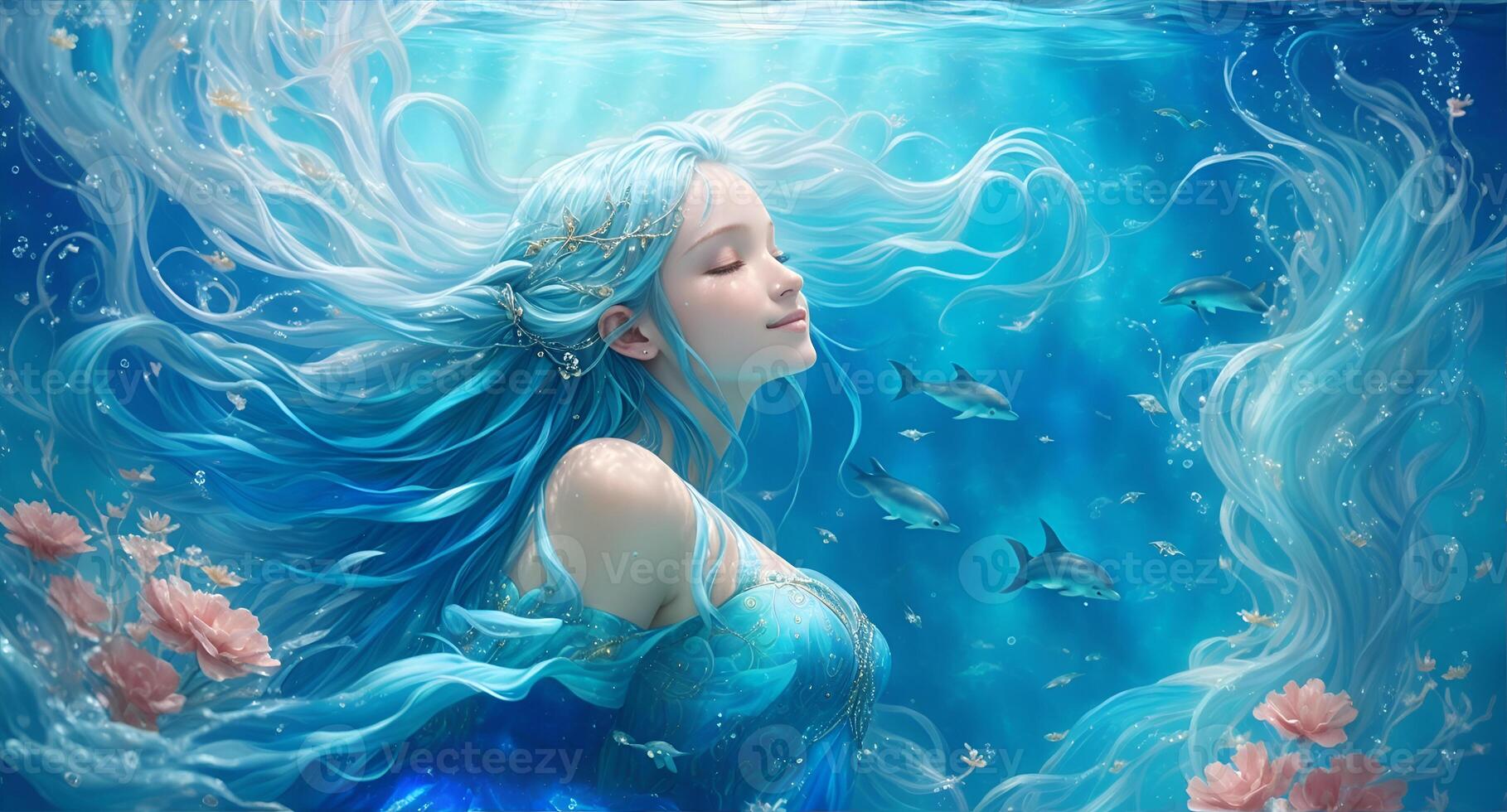 the blue aquarius mermaid in the deep ocean, incredibly beautiful, AI generated photo