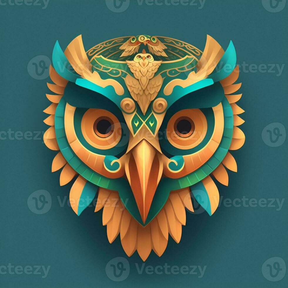 Owls quetzalcoatl head, symmetrical, flat icon design, AI generated photo