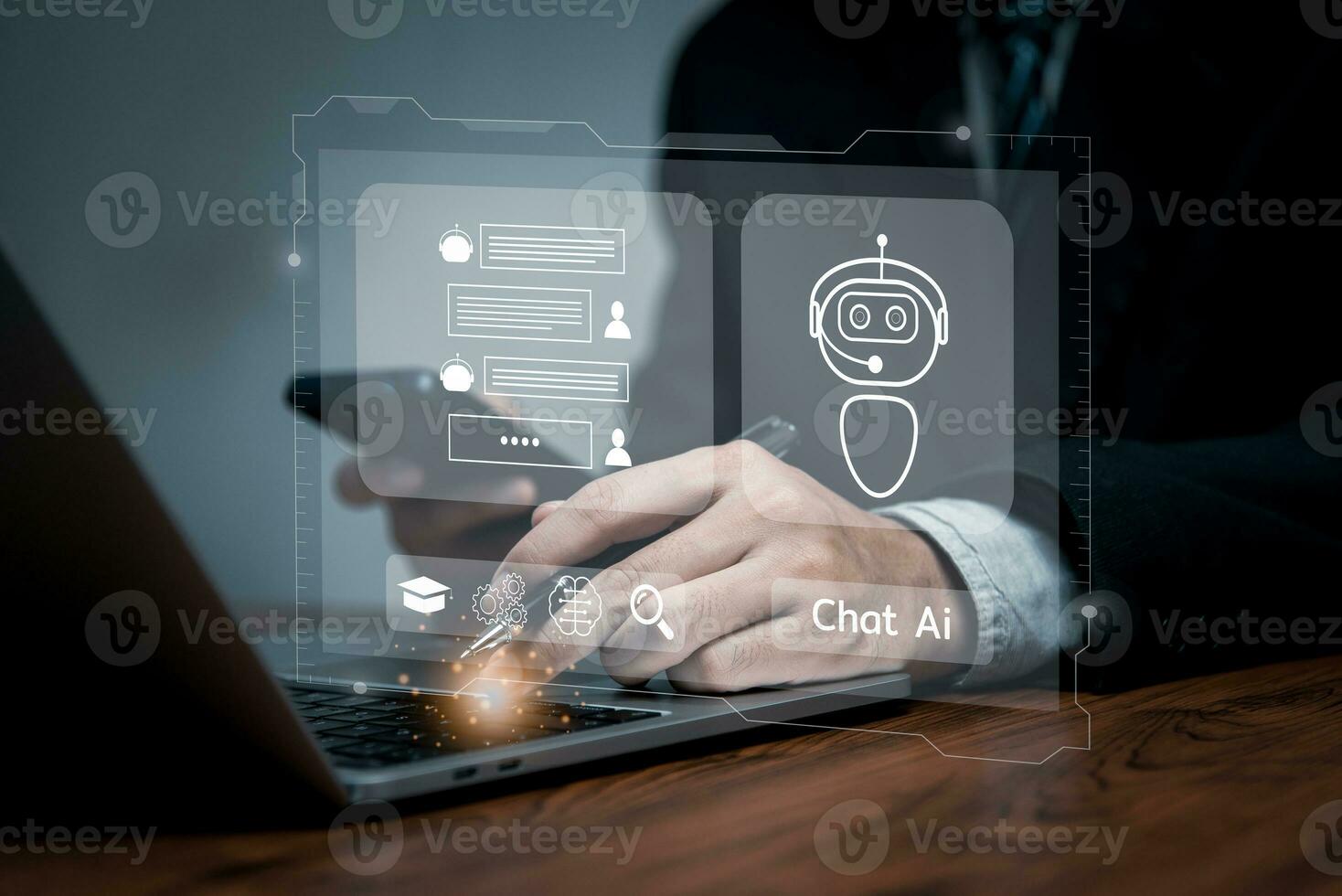 Artificial intelligence AI and CRM software automation technology.business use AI smart technology sales reports recording the sale of goods and making tax invoice. Robotic Process Automation RPA. photo