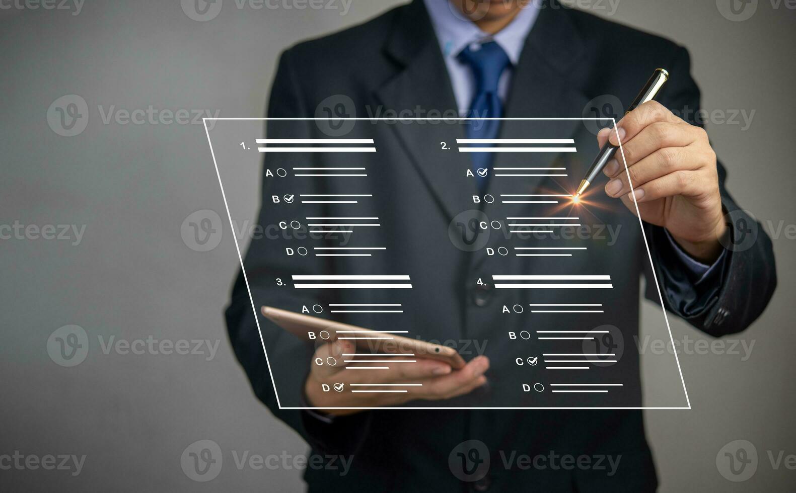 man chooses questionnaire with checkbox, survey form online, answer questions in the exam of test business checklist and filling survey form online using technology for education, learning. photo