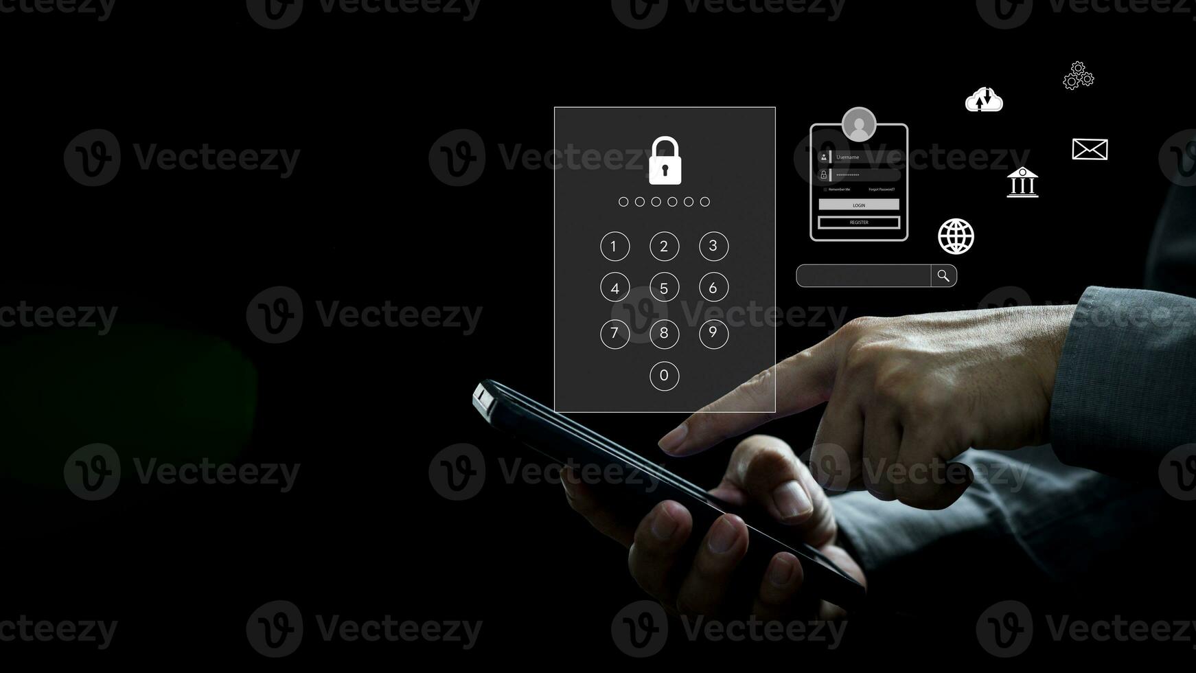 Man Using Virtual Screen to Enter Unlock Code on Mobile Device innovation security and privacy. Digital technology safety online internet financial and banking, networking concept. photo