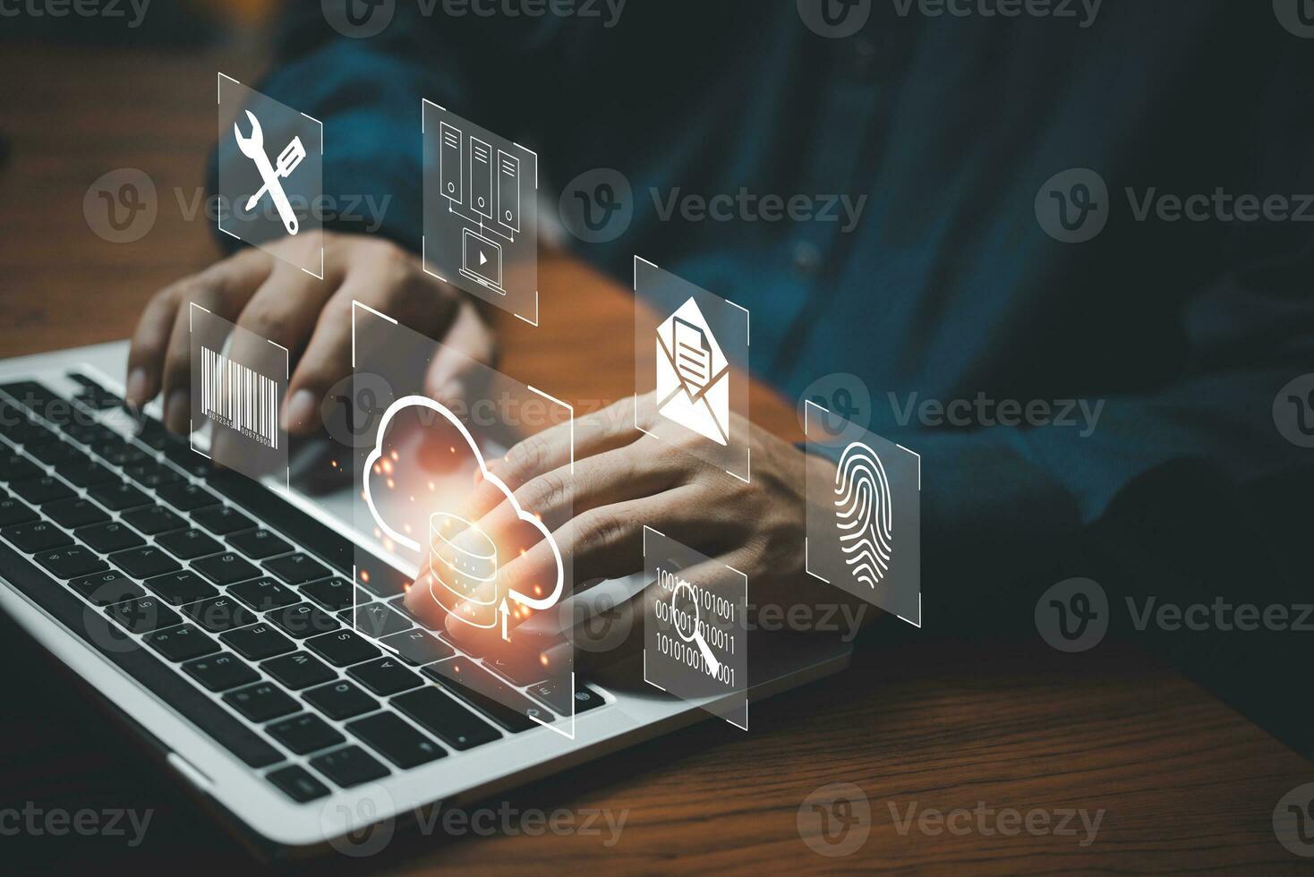 Digital technology concept, data management with large database capacity and high cyber security. Data storage. Networking and internet service information technology system concept. photo