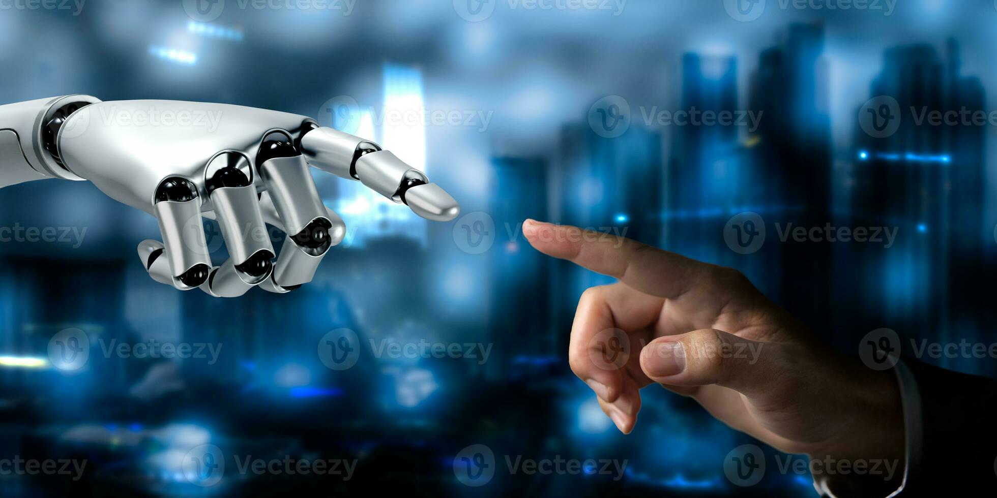 al intelligence AI hand robot white 3d rendering and hand people on background. photo