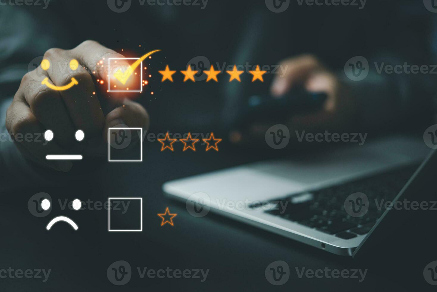 Five Star Customer Service Concept for Satisfaction.Businessman holding mobile smartphone for quality feedback related projects, marketing materials, and branding photo