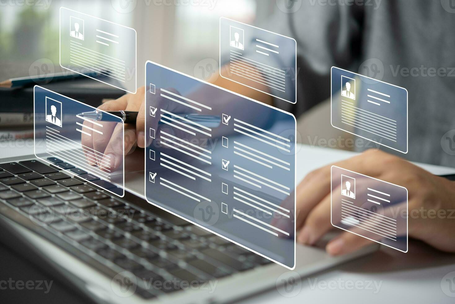 Human Resources Management HR, Employee Engagement and Development recruitment, employee and workplace. Manger checking the employees profiles online survey form. photo