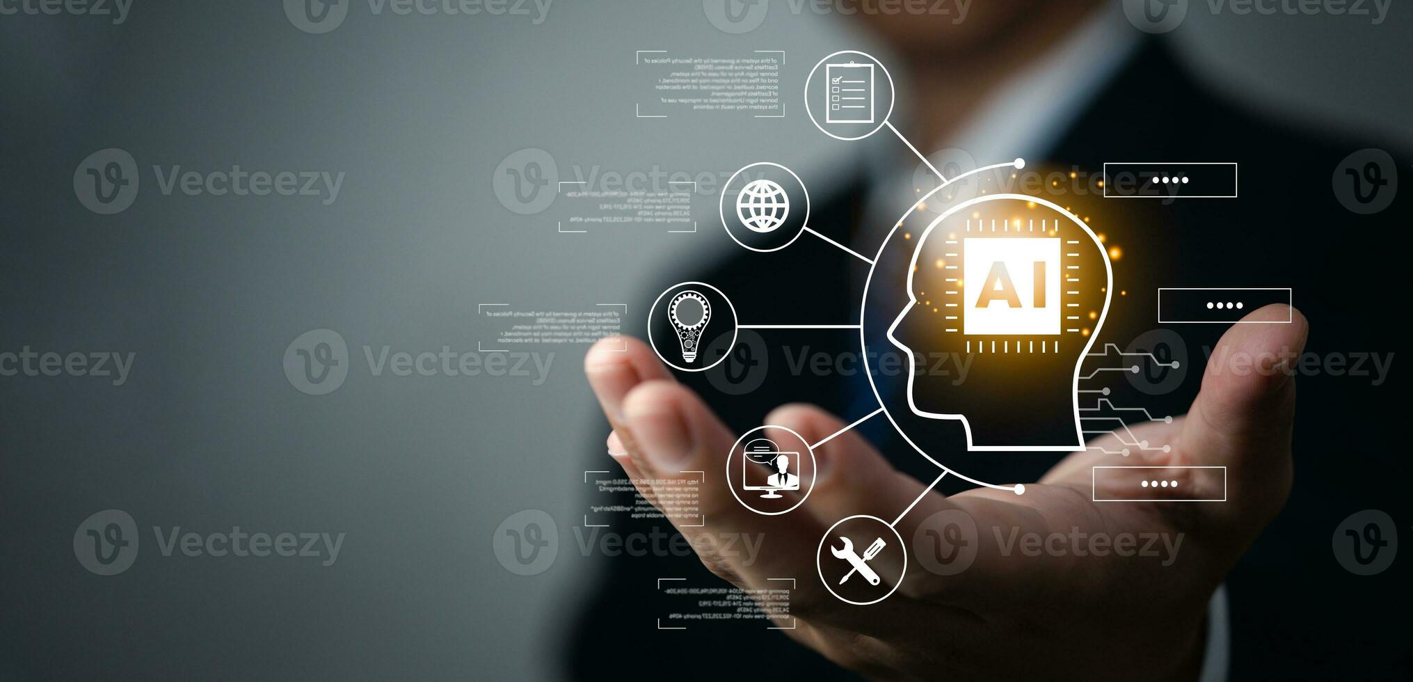AI Artificial Intelligence and conversational chatbots businesses digital technology interact with applications, including customer service, sales and marketing and big data virtual screen. photo