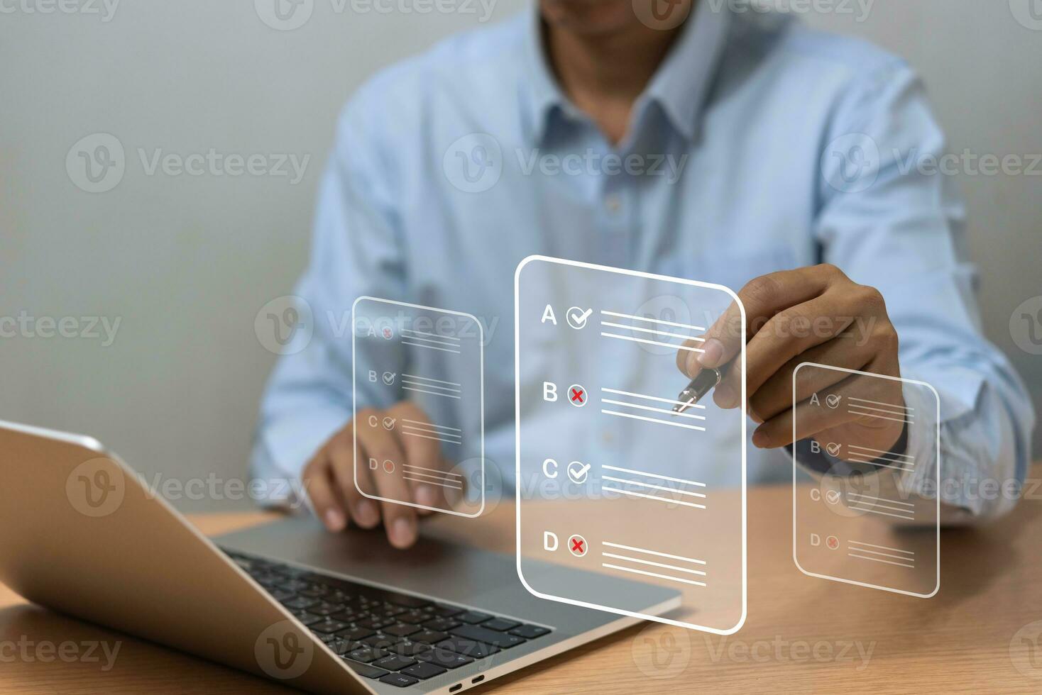 man chooses questionnaire with checkbox, survey form online, answer questions in the exam of test business checklist and filling survey form online using technology for education, learning. photo