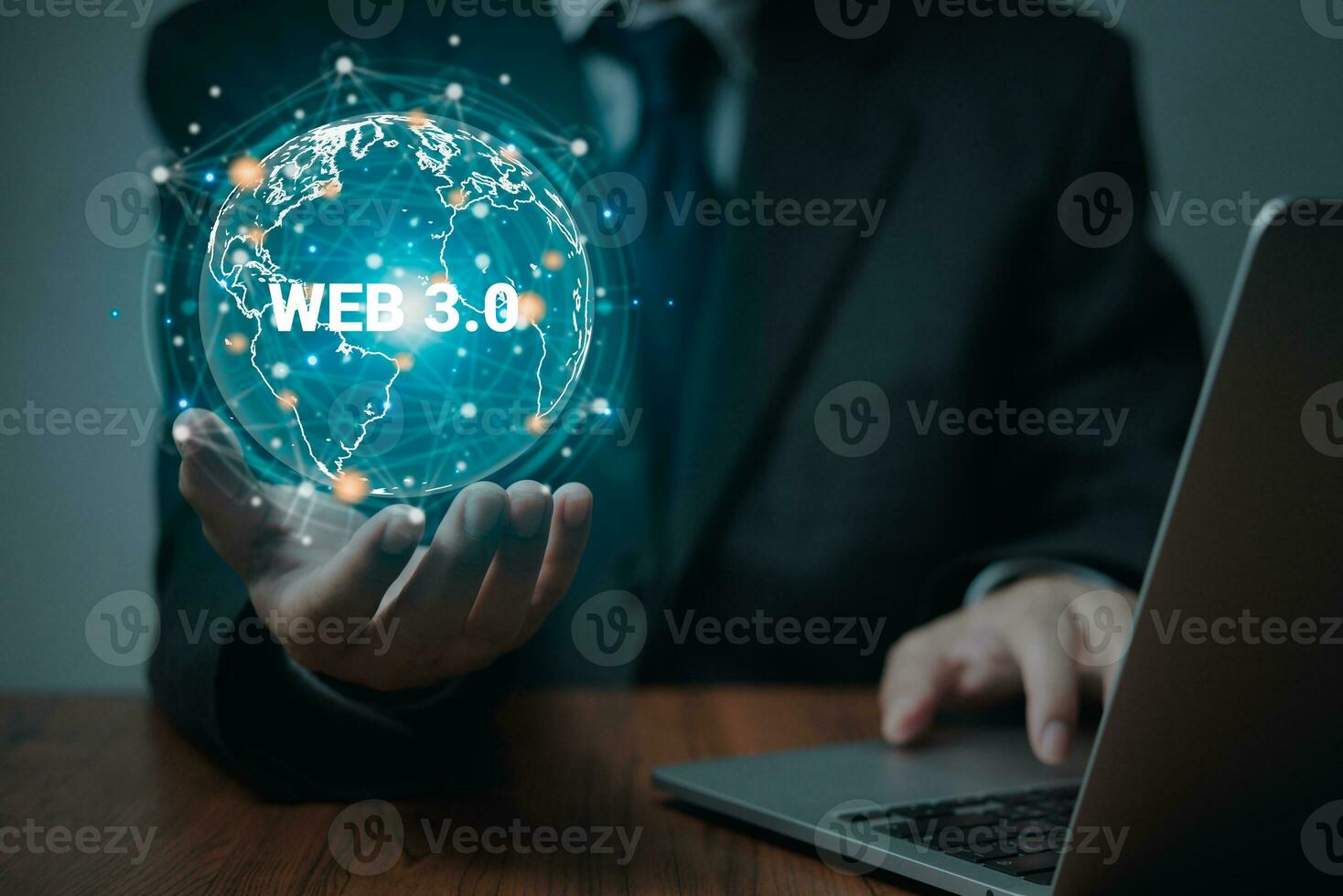 Digital communication and virtual screen metaverse technology globe internet concept WEB 3.0. man using a laptop. photo
